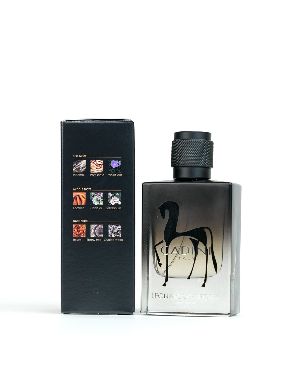 Cadini Italy Leonardo's Secret Eau De Parfum 100ml for men, featuring a sleek bottle with a minimalist design and elegant labeling.