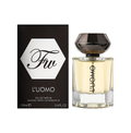 Fragrance World L'Uomo Eau de Parfum 100ml bottle for men and women, sleek design with silver cap and clear glass container.