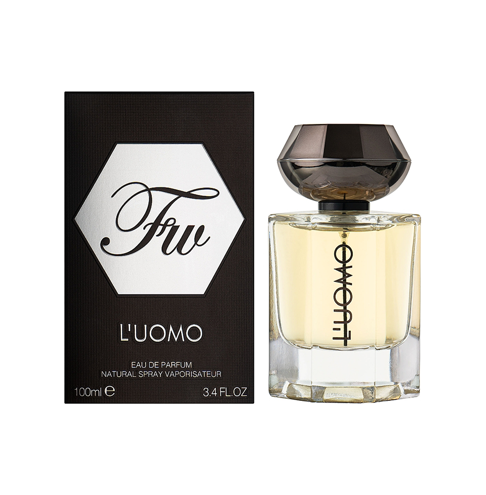 Fragrance World L'Uomo Eau de Parfum 100ml bottle for men and women, sleek design with silver cap and clear glass container.