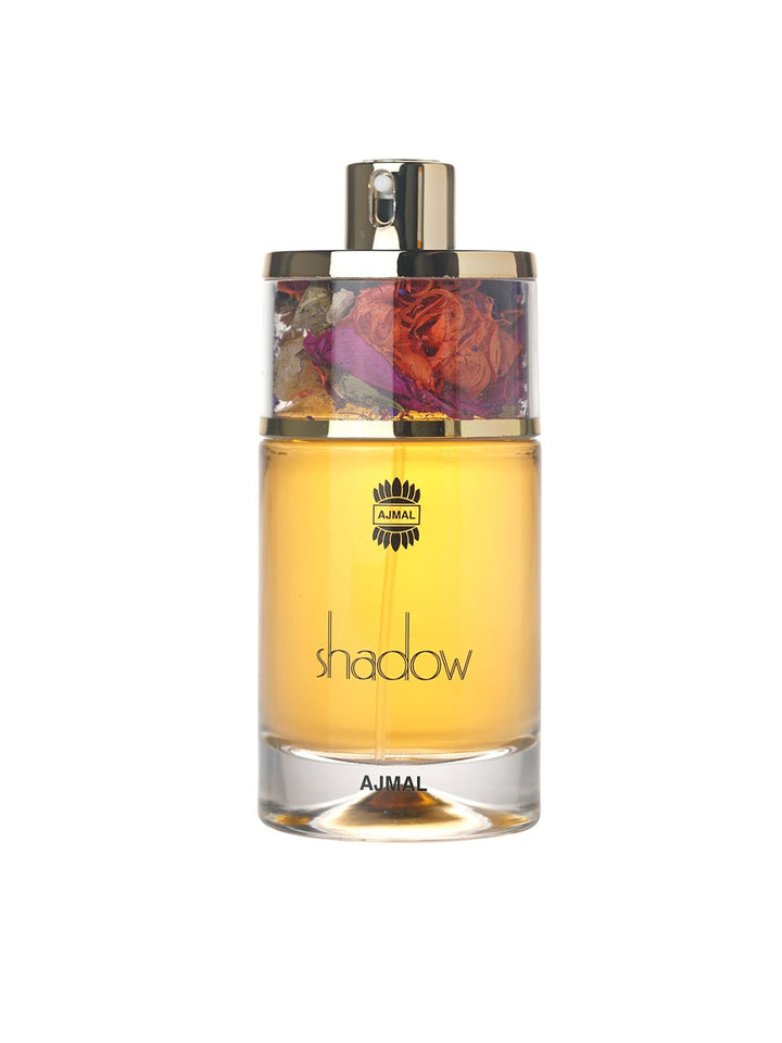Ajmal Shadow II Pour Femme Eau de Parfum bottle for women with yellow accents, elegant and luxurious fragrance packaging.