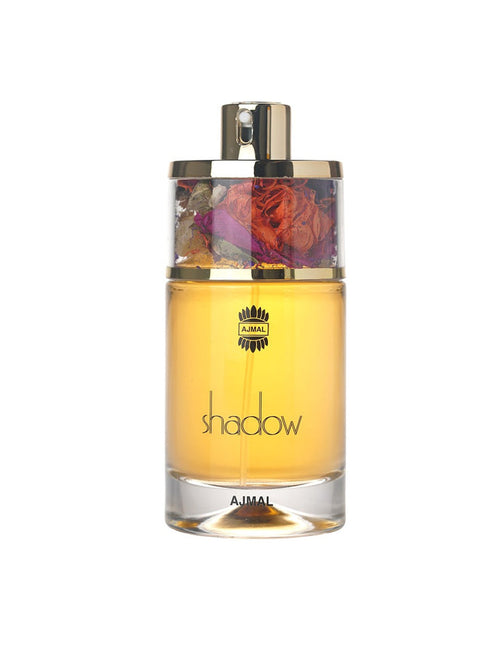 Ajmal Shadow II Pour Femme Eau de Parfum bottle for women with yellow accents, elegant and luxurious fragrance packaging.