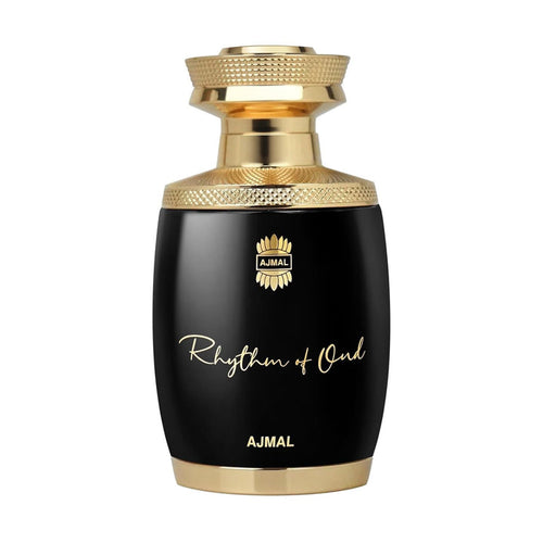 Ajmal Rhythm Of Oud Eau De Parfum bottle with a sleek design, suitable for men and women, set against a neutral background.