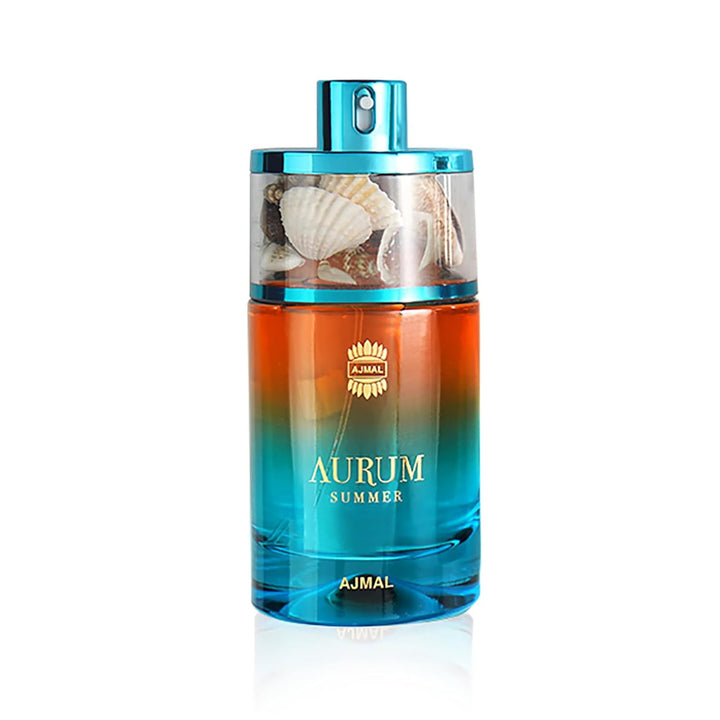 Ajmal Aurum Summer Pour Femme Eau De Parfum for women, featuring a sleek glass bottle with a gold cap and floral accents.