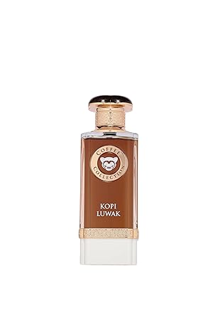Fragrance World Coffee Collection Kopi Luwak Eau de Parfum 100ml for men and women, featuring a sleek glass bottle with coffee-inspired scent