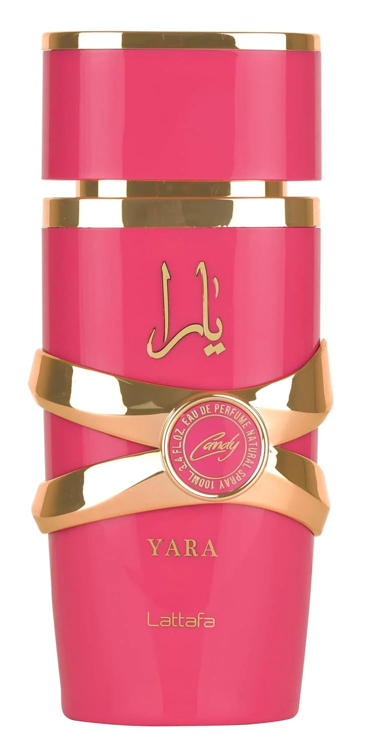 Lattafa Yara Candy Eau De Parfum for women, 100ml bottle with elegant packaging, showcasing the luxurious perfume design.