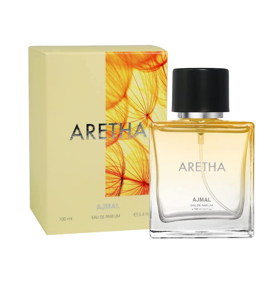 Ajmal Aretha Eau de Parfum 100ml for women, elegant glass bottle with floral and fruity fragrance accents.