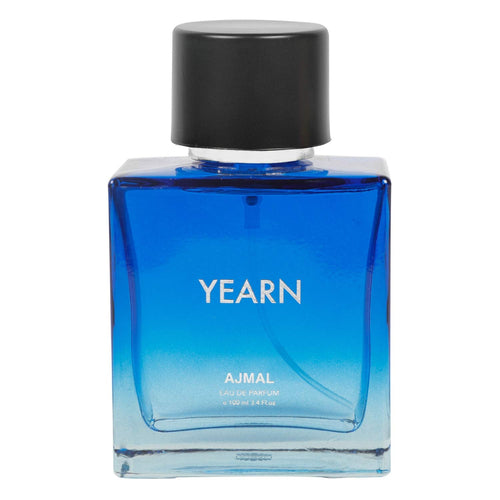 A blue gradient glass bottle labeled AJMAL YEARN EAU DE PARFUM 100ML FOR MEN, featuring a black cap and clear front text—an elegant men’s fragrance.