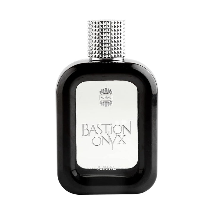Ajmal Bastion Onyx Eau De Parfum 100ML for men, featuring a sleek black bottle with elegant silver accents.