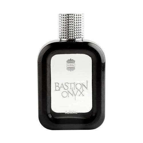 Ajmal Bastion Onyx Eau De Parfum 100ML for men, featuring a sleek black bottle with elegant silver accents.