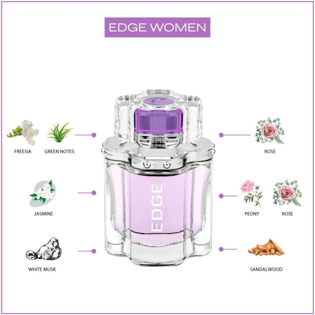 Swiss Arabian Edge Eau De Parfum 100ml bottle for women, elegant glass container with a sleek design and floral accents.