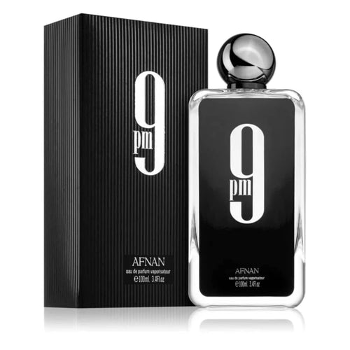 Afnan 9pm Eau De Parfum for Men in 100ml bottle, featuring sleek glass design and black cap, on a neutral background.