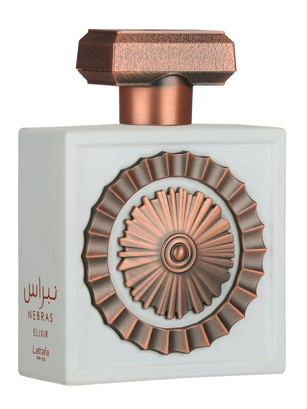 Lattafa Nebras Elixir Eau de Parfum 100ml bottle for men and women, elegant glass perfume bottle with gold accents.