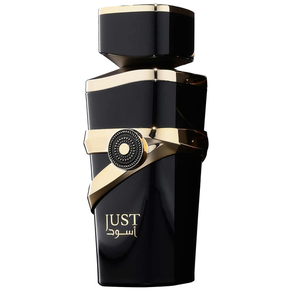 Fragrance World Just Aswad Eau de Parfum 100ml for men, featuring a sleek bottle and dark design.