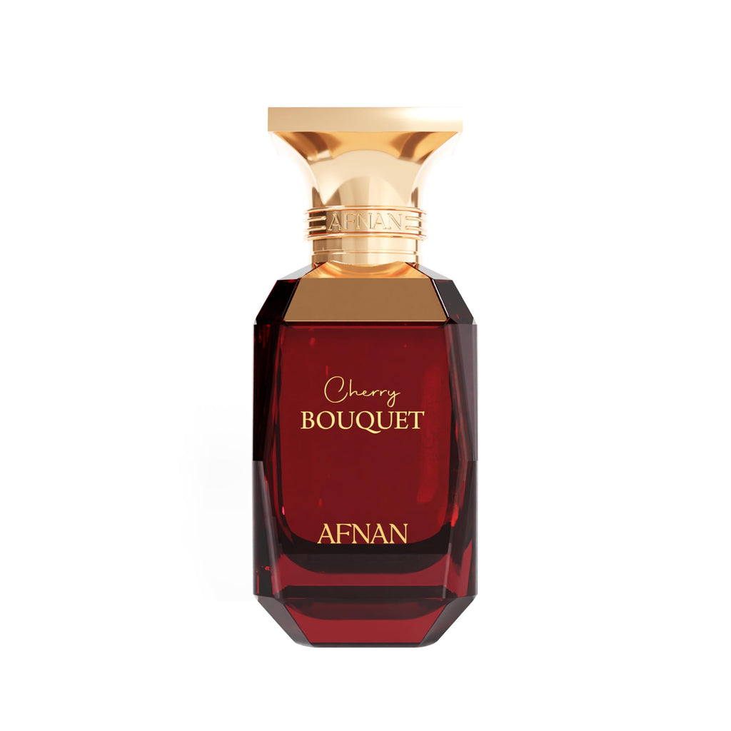 Afnan Cherry Bouquet Eau De Parfum 80ml for women, featuring a sleek glass bottle with cherry blossom-inspired design.