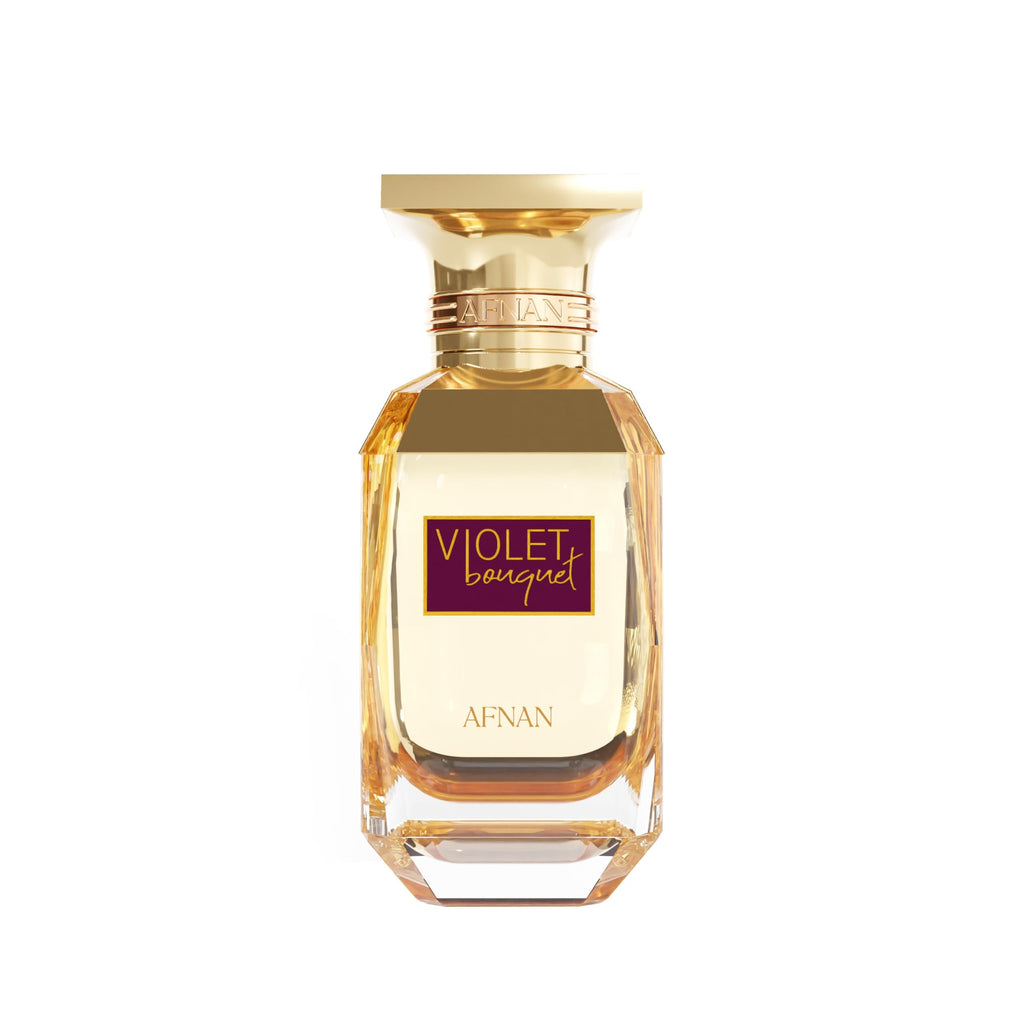 Afnan Violet Bouquet Eau De Parfum for women, 80ml bottle with a floral design, showcasing the elegant perfume packaging.