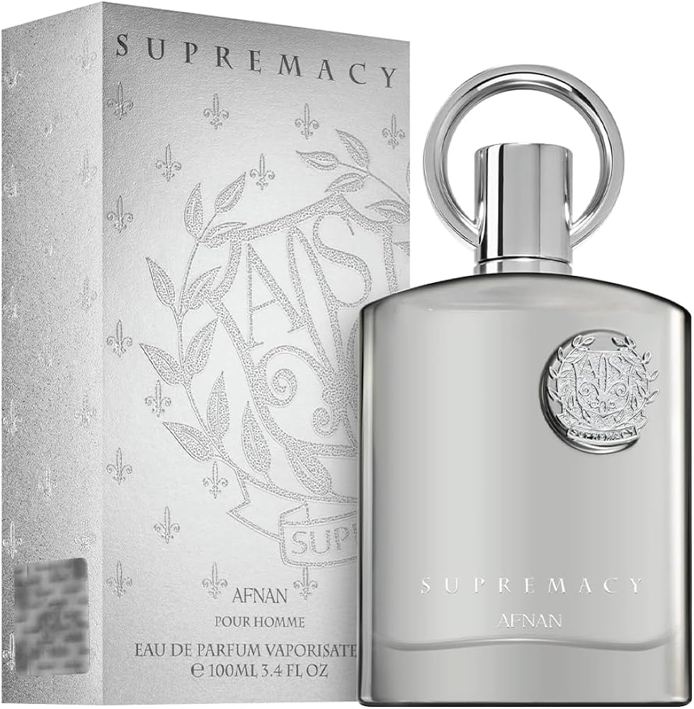 Afnan Supremacy Silver Pour Homme Eau De Parfum 100ml bottle for men with sleek silver design and modern branding.