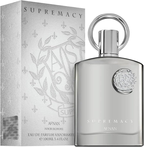 Afnan Supremacy Silver Pour Homme Eau De Parfum 100ml bottle for men with sleek silver design and modern branding.