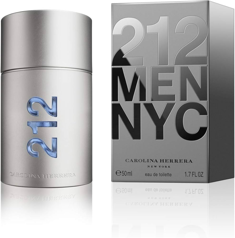 Bottle of Carolina Herrera 212 Men NYC Eau De Toilette 100ml with sleek design and clear label on a white background.
