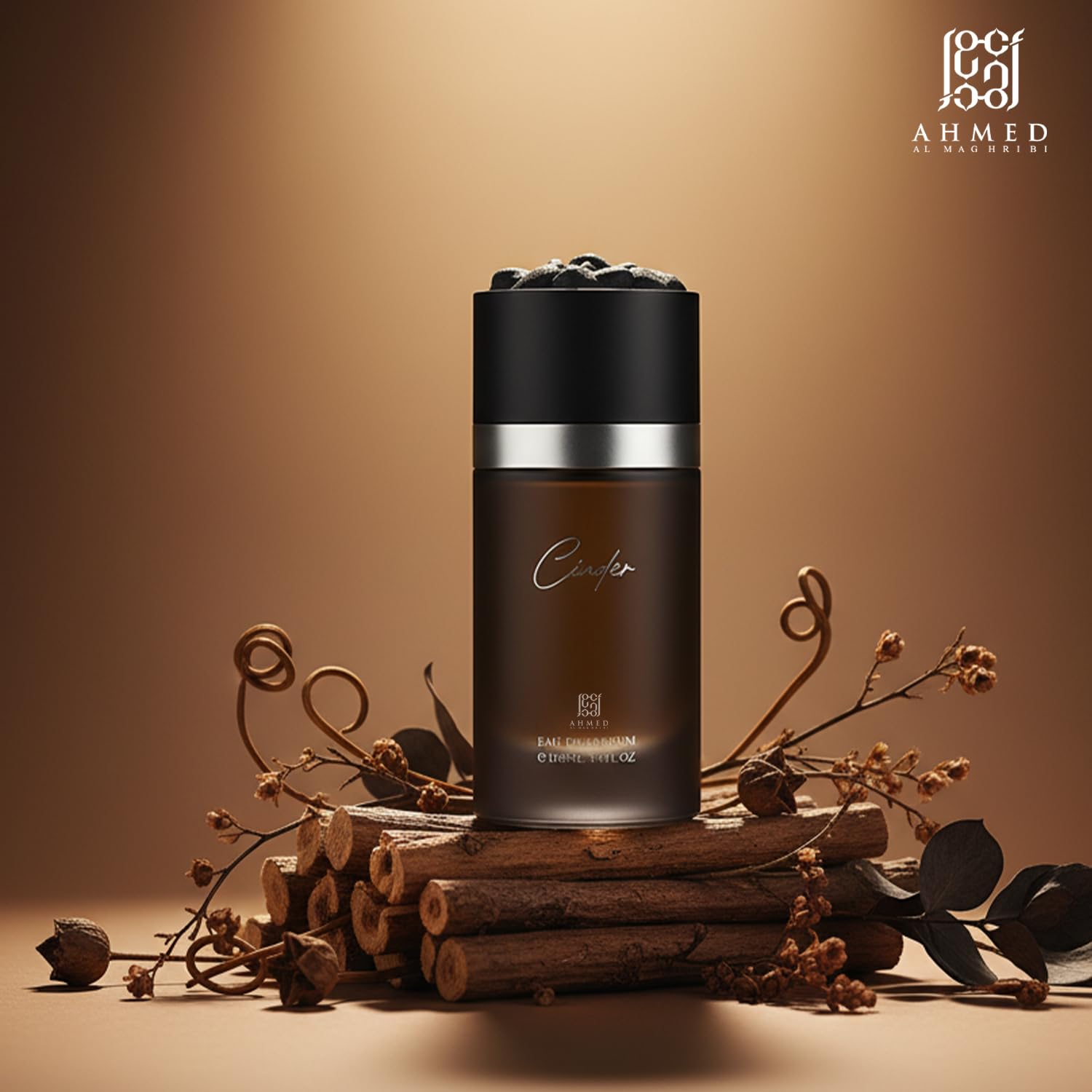 Ahmed Al Maghribi Cinder Eau de Parfum 100ml for men, featuring a sleek bottle with a modern design and dark amber color.