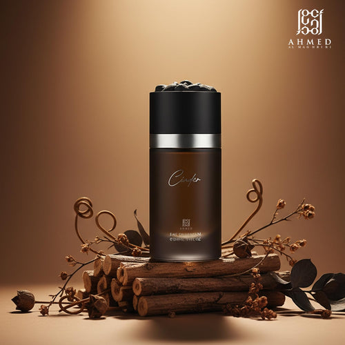 Ahmed Al Maghribi Cinder Eau de Parfum 100ml for men, featuring a sleek bottle with a modern design and dark amber color.
