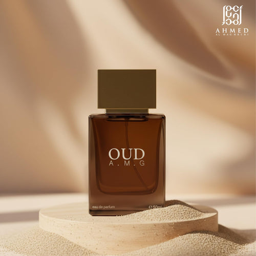 Ahmed Al Maghribi Oud AMG Eau de Parfum 50ml bottle for men and women, elegant fragrance with a luxurious scent profile.