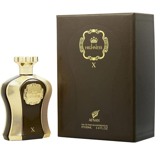 Afnan Highness X Eau De Parfum 100ml bottle for men and women, sleek glass design with a black and gold cap.
