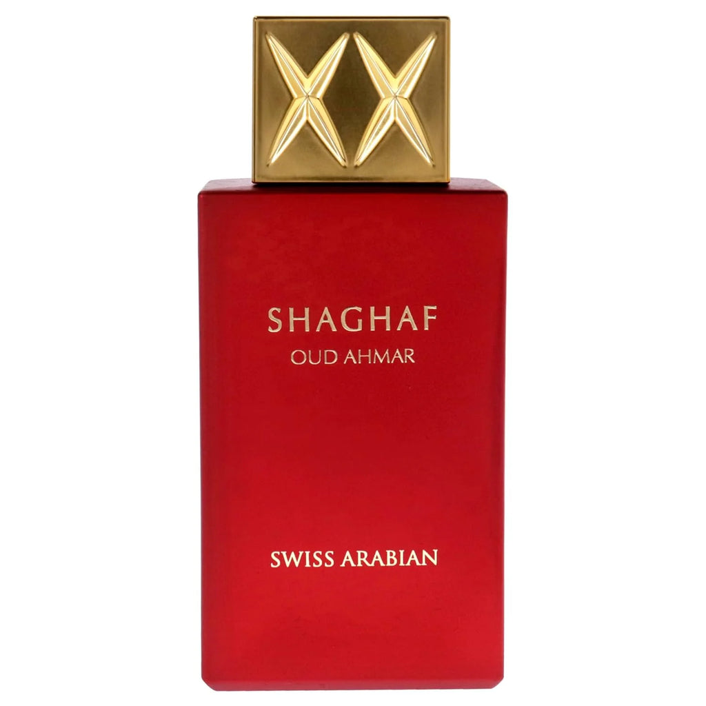 Swiss Arabian Shaghaf Oud Ahmar Eau De Parfum 75ml bottle for women with elegant glass design and gold accents.