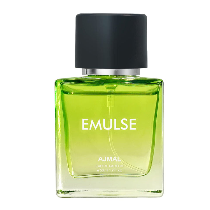Ajmal Emulse Eau De Parfum bottle for men and women, sleek glass design with a silver cap, displayed on a neutral background.