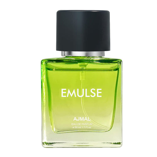 Ajmal Emulse Eau De Parfum bottle for men and women, sleek glass design with a silver cap, displayed on a neutral background.