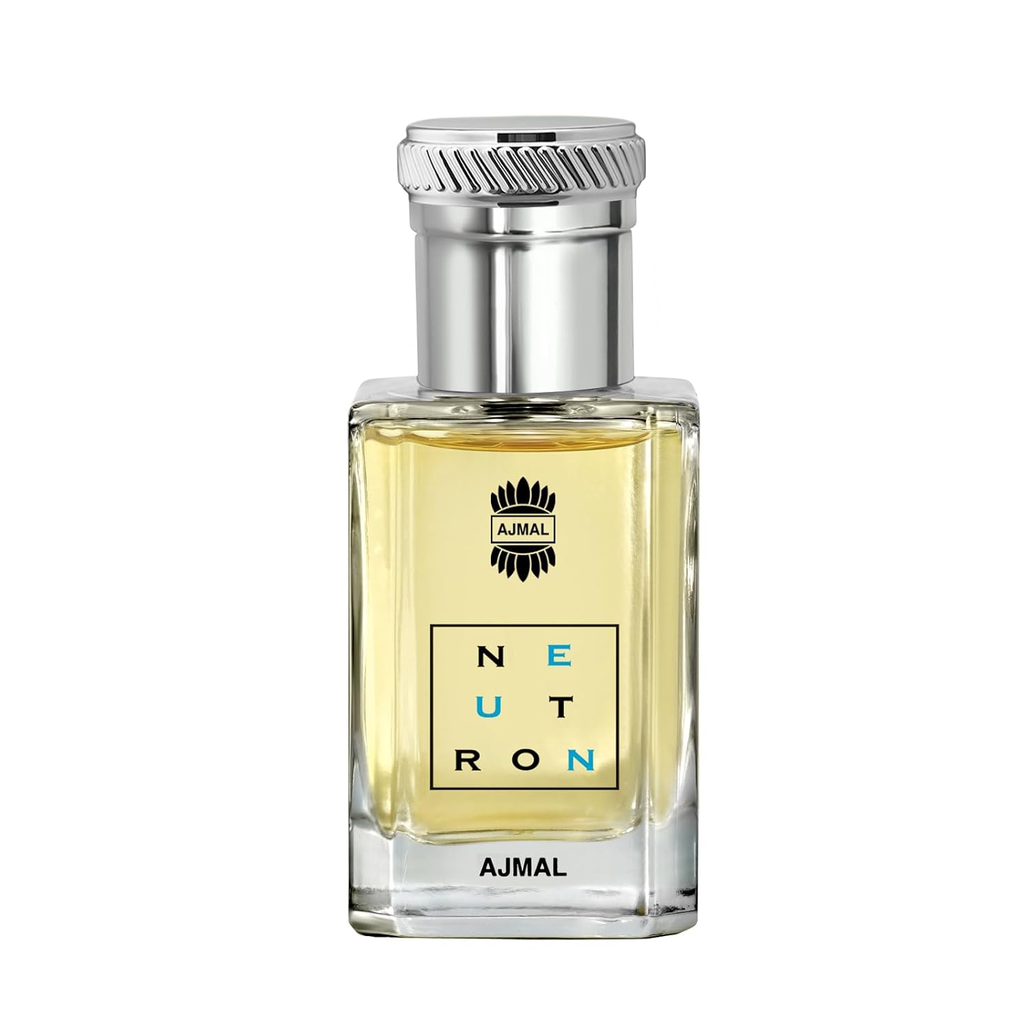 Ajmal Neutron concentrated perfume oil for men in a sleek glass bottle with a black cap, showcasing luxury men's fragrance.