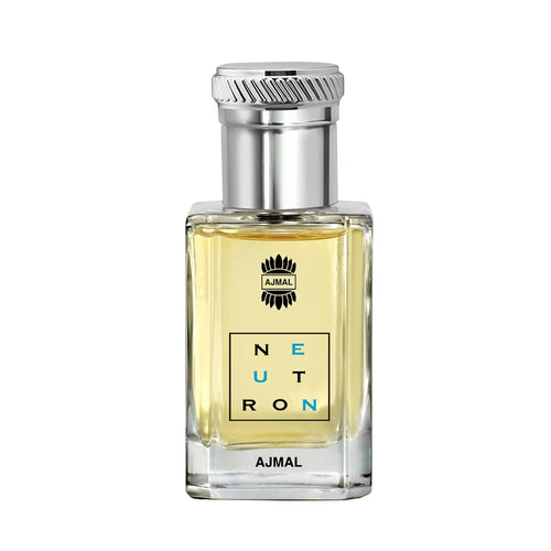 Ajmal Neutron concentrated perfume oil for men in a sleek glass bottle with a black cap, showcasing luxury men's fragrance.