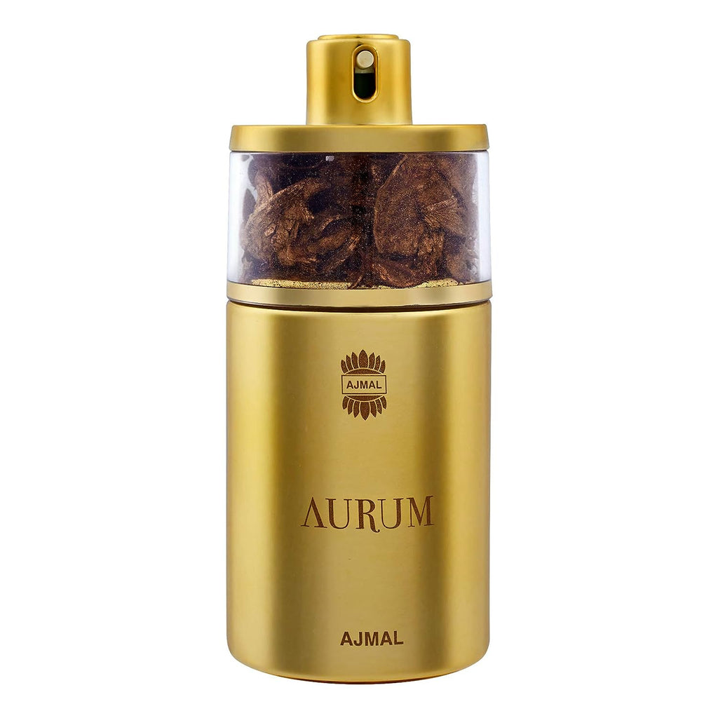 Ajmal Aurum Eau de Parfum for women, elegant glass bottle with gold accents, showcasing a luxurious fragrance container.