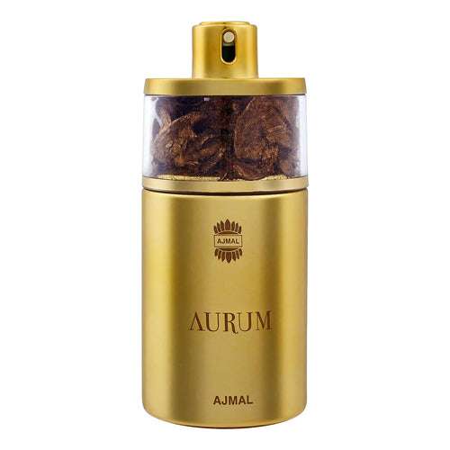 Ajmal Aurum Eau de Parfum for women, elegant glass bottle with gold accents, showcasing a luxurious fragrance container.
