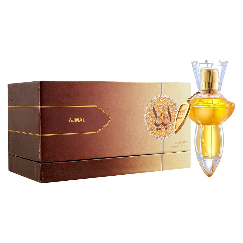 Ajmal Abia Pour Femme Eau de Parfum bottle with floral and feminine design, showcasing the elegant fragrance for women.