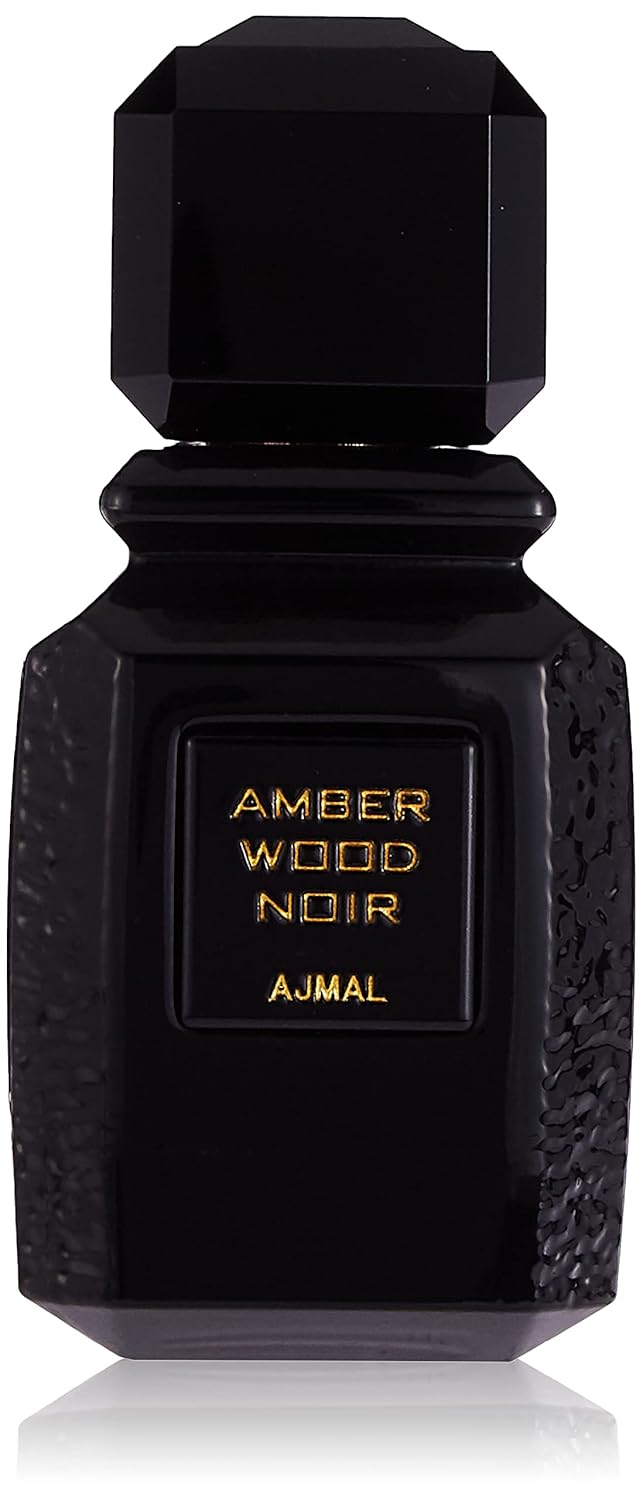 Ajmal Amber Wood Noir perfume bottle for men and women, 100 ml, elegant glass container with amber-colored fragrance liquid.
