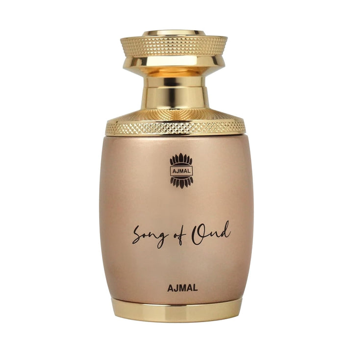 Ajmal Song Of Oud Eau De Parfum bottle for men and women, elegant glass container with a sleek design and a silver cap.