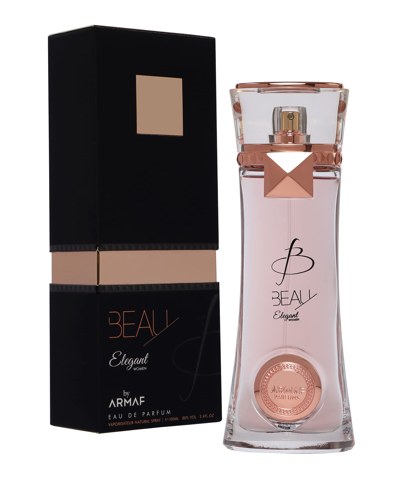 Armaf Beau Elegant Eau De Parfum for women in a 100ml bottle, featuring a sleek design and sophisticated fragrance.