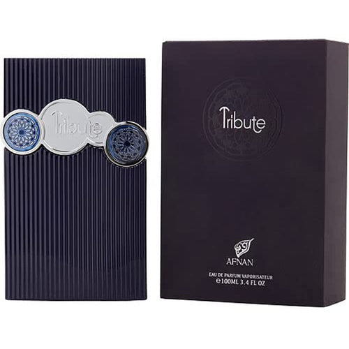 Afnan Tribute Blue Eau De Parfum 100ml bottle for men, featuring a sleek blue design and spray nozzle on a plain background.