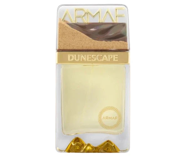 Armaf Dunescape Dubai Extrait De Parfum 100ml bottle for man and woman, elegant glass perfume with gold accents