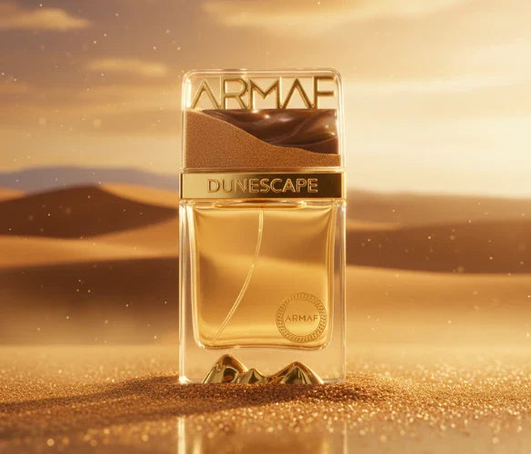 Armaf Dunescape Dubai Extrait De Parfum 100ml bottle for men and women, elegant glass container with gold accents.