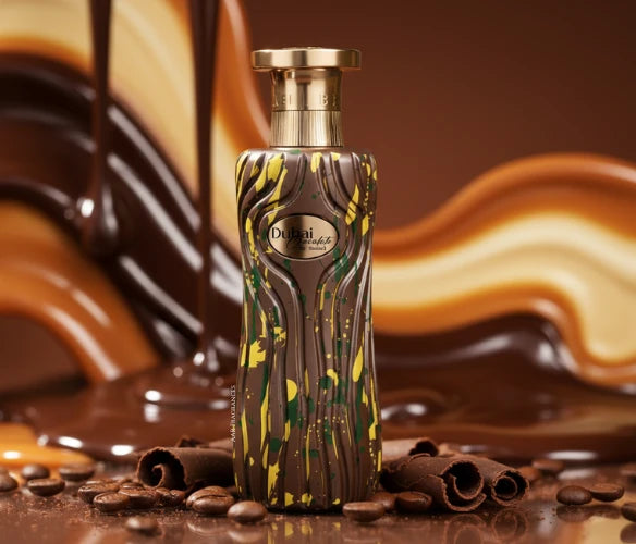 Ahmed Al Maghribi Dubai Chocolate Eau De Parfum 100ml bottle for men and women with elegant packaging and dark-colored cap.