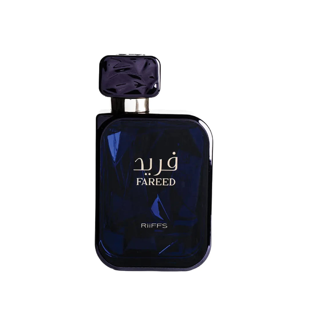 Riiffs Fareed men's EDP perfume bottle, 100ml, with sleek design and elegant packaging, showcasing the fragrance's premium presentation.