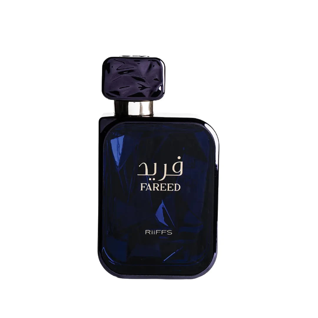 Riiffs Fareed men's EDP perfume bottle, 100ml, with sleek design and elegant packaging, showcasing the fragrance's premium presentation.