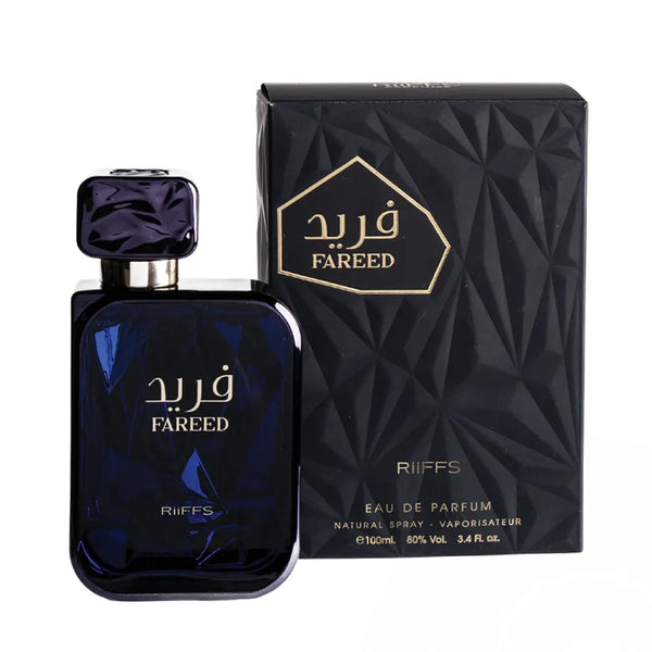 Riiffs Fareed Men EDP 100ml perfume bottle, sleek design with clear glass and silver cap, showcasing elegant packaging.