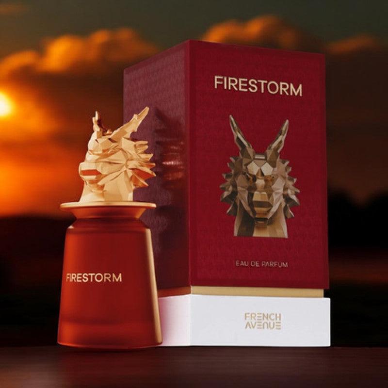 French Avenue Firestorm Eau de Parfum for men, 100ml bottle with sleek black packaging and elegant design.