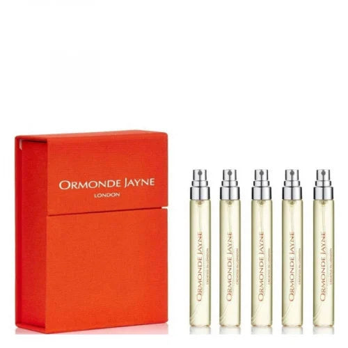 Ormonde Jayne Ambre Royal perfume set with one 40ml bottle and five 8ml travel sprays, unisex fragrance with warm amber notes.