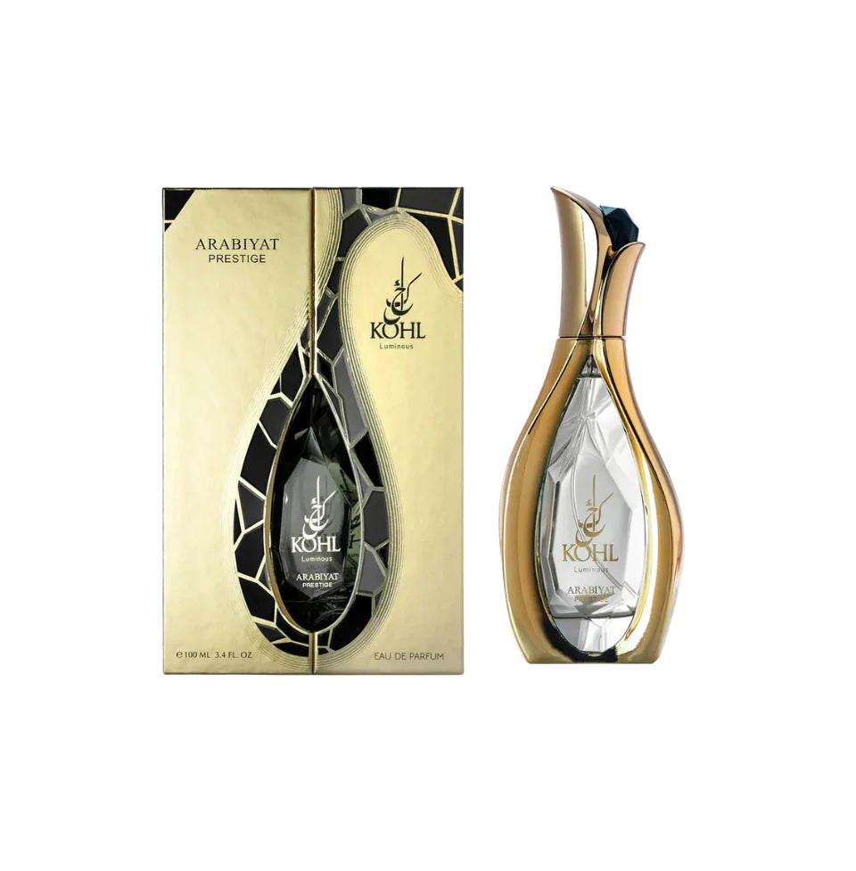 Arabiyat Prestige Kohl Luminous Eau De Parfum 100ml bottle for men and women, elegant glass container with a sleek design.