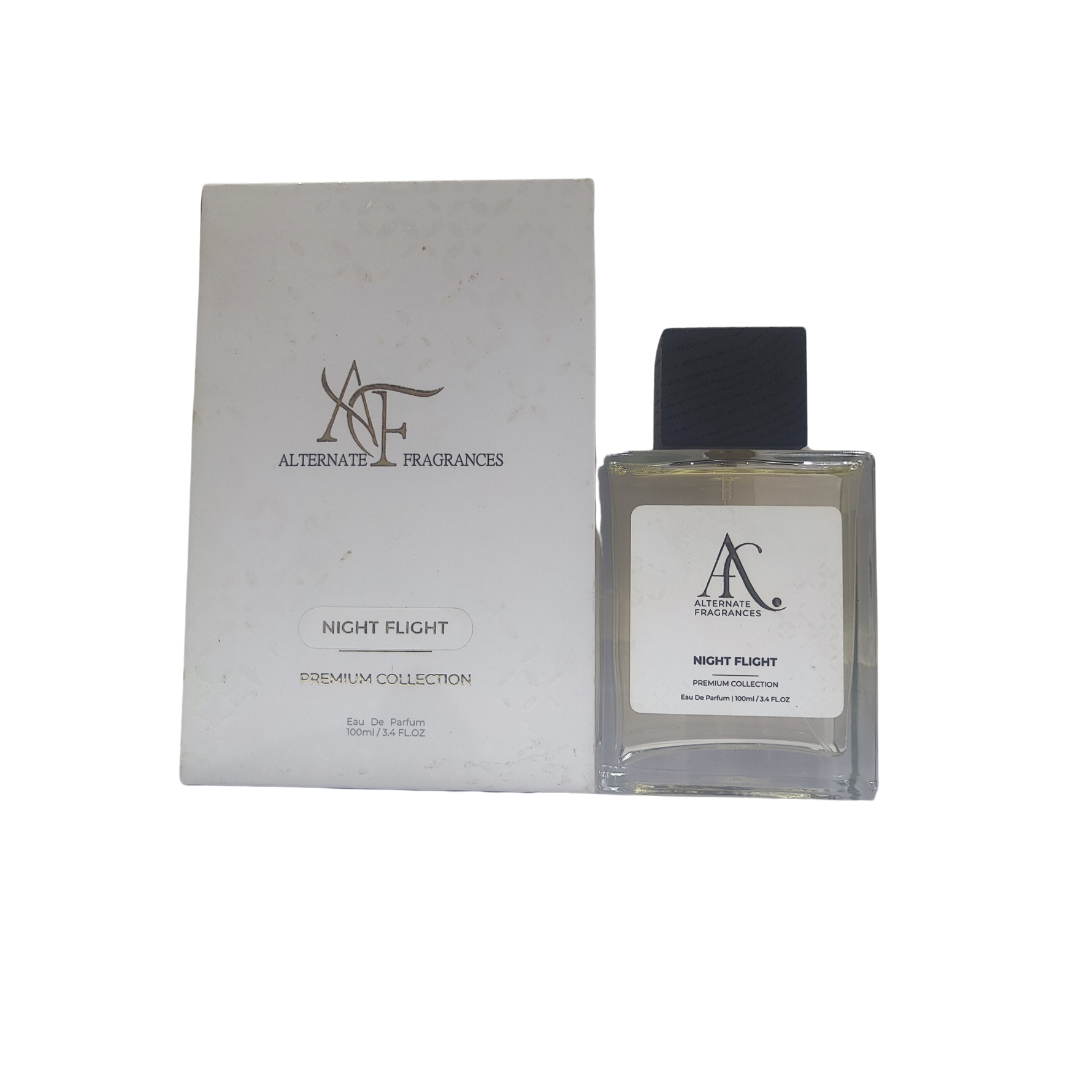 Rini Deals Night Flight EDP perfume bottle with sleek black and gold design, showcasing the elegant fragrance packaging.
