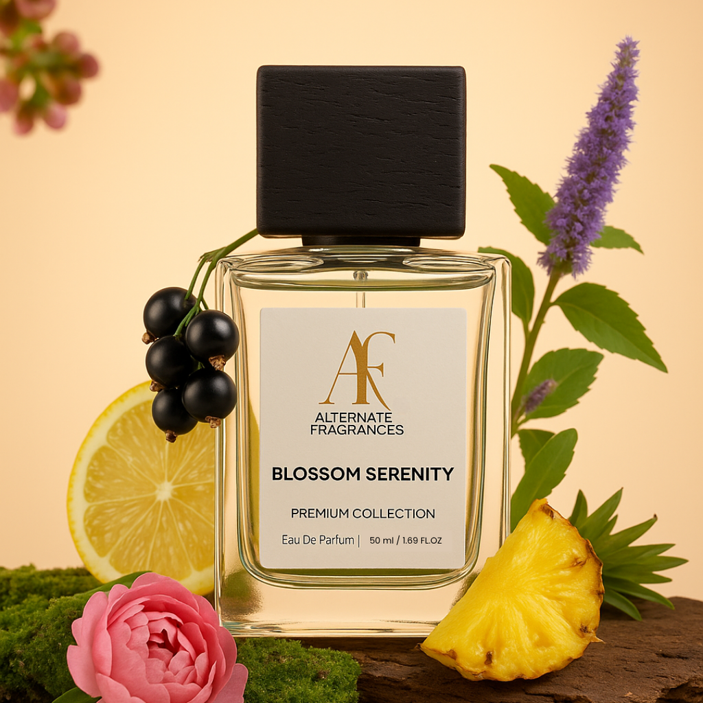 Rini Deals Blossom Serenity EDP perfume bottle with floral design, showcasing elegant packaging and soft pastel colors.