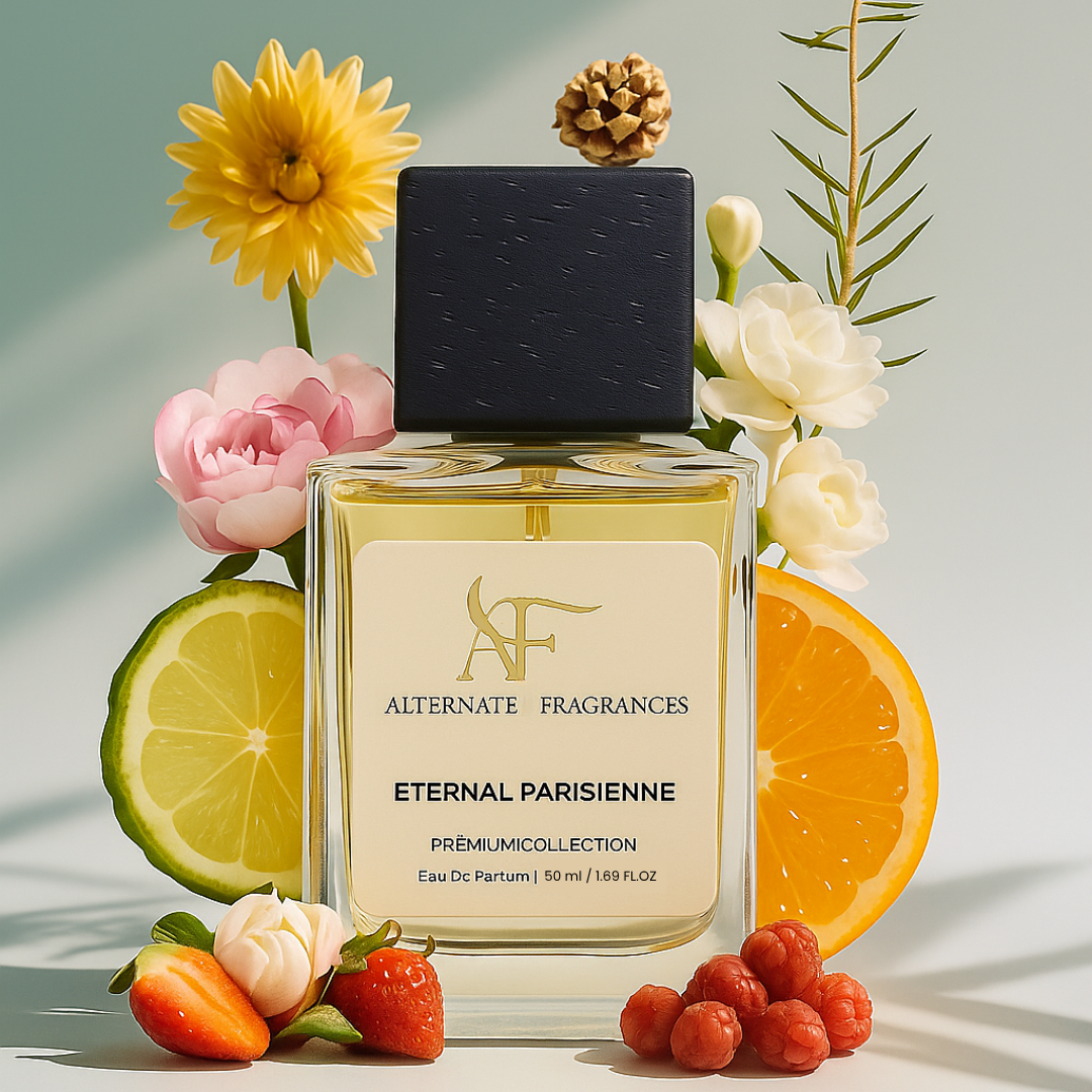 Eternal Parisienne Eau de Parfum by Rini Deals, elegant glass bottle with floral and fruity scent highlights.